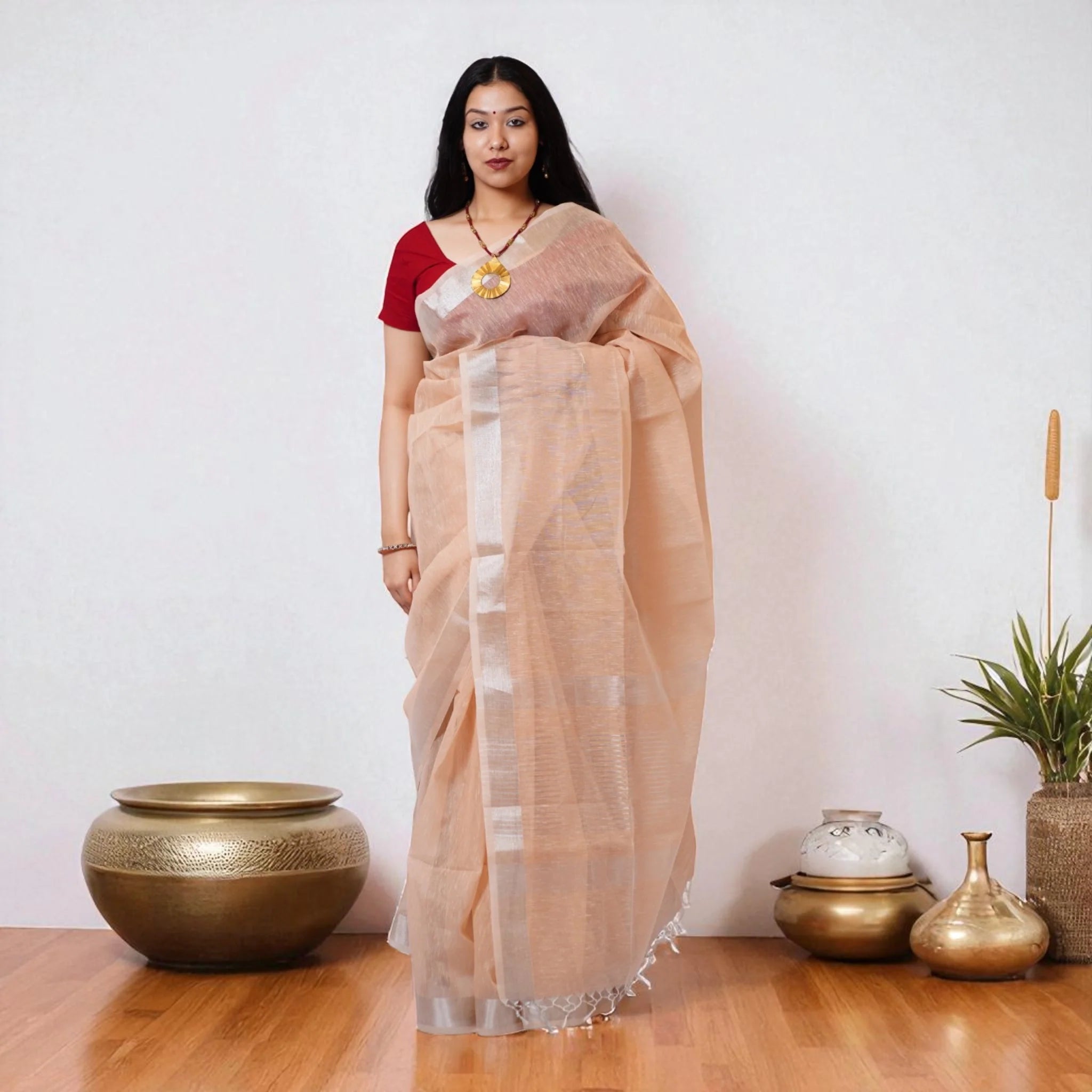 Peach Banarasi Linen Saree