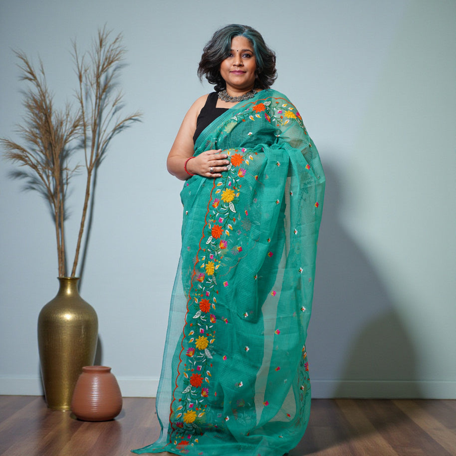 Green Pink Embroidery Kota Cotton Saree