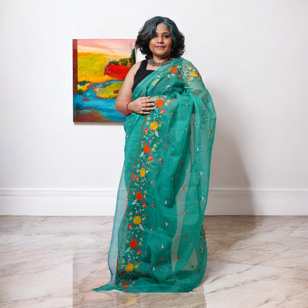 Green Embroidery Kota Cotton Saree