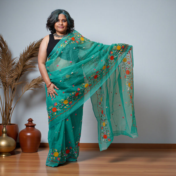 Green Pink Embroidery Kota Cotton Saree