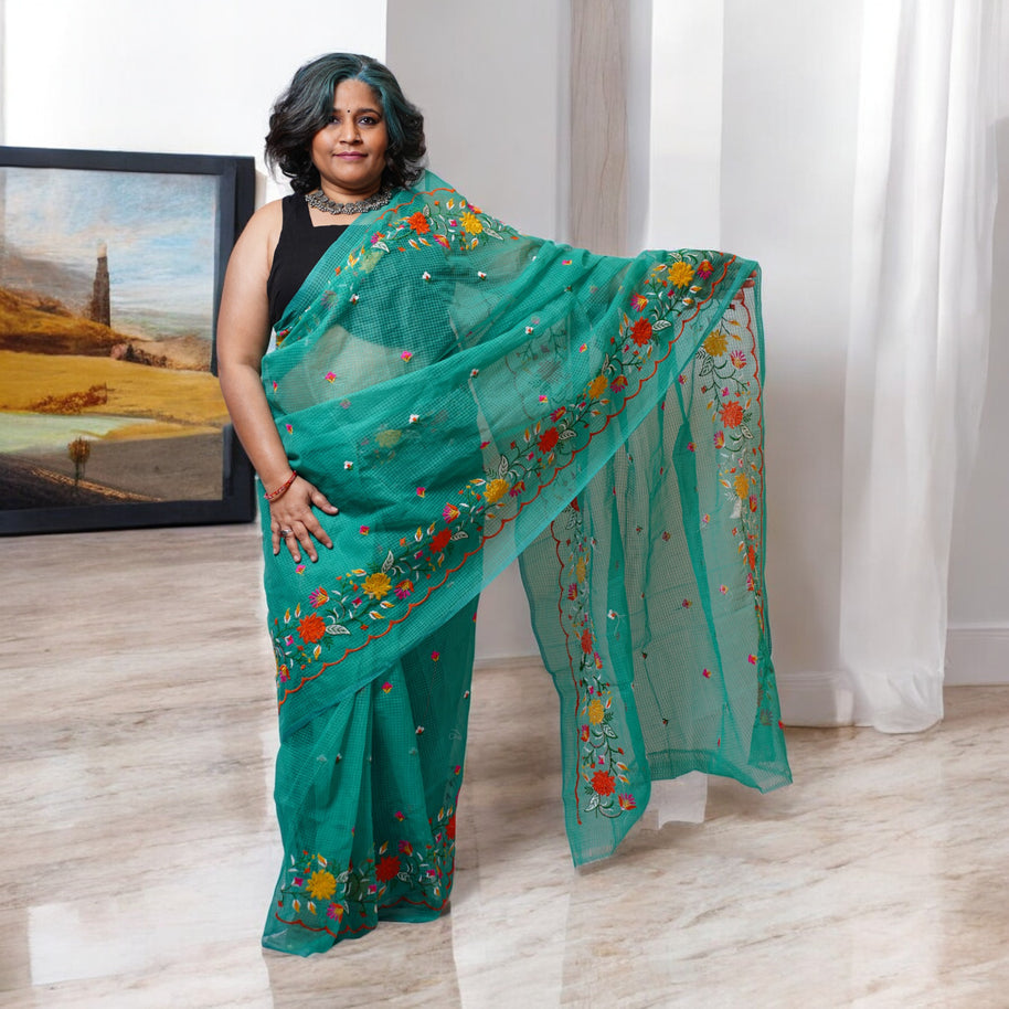 Green Embroidery Kota Cotton Saree
