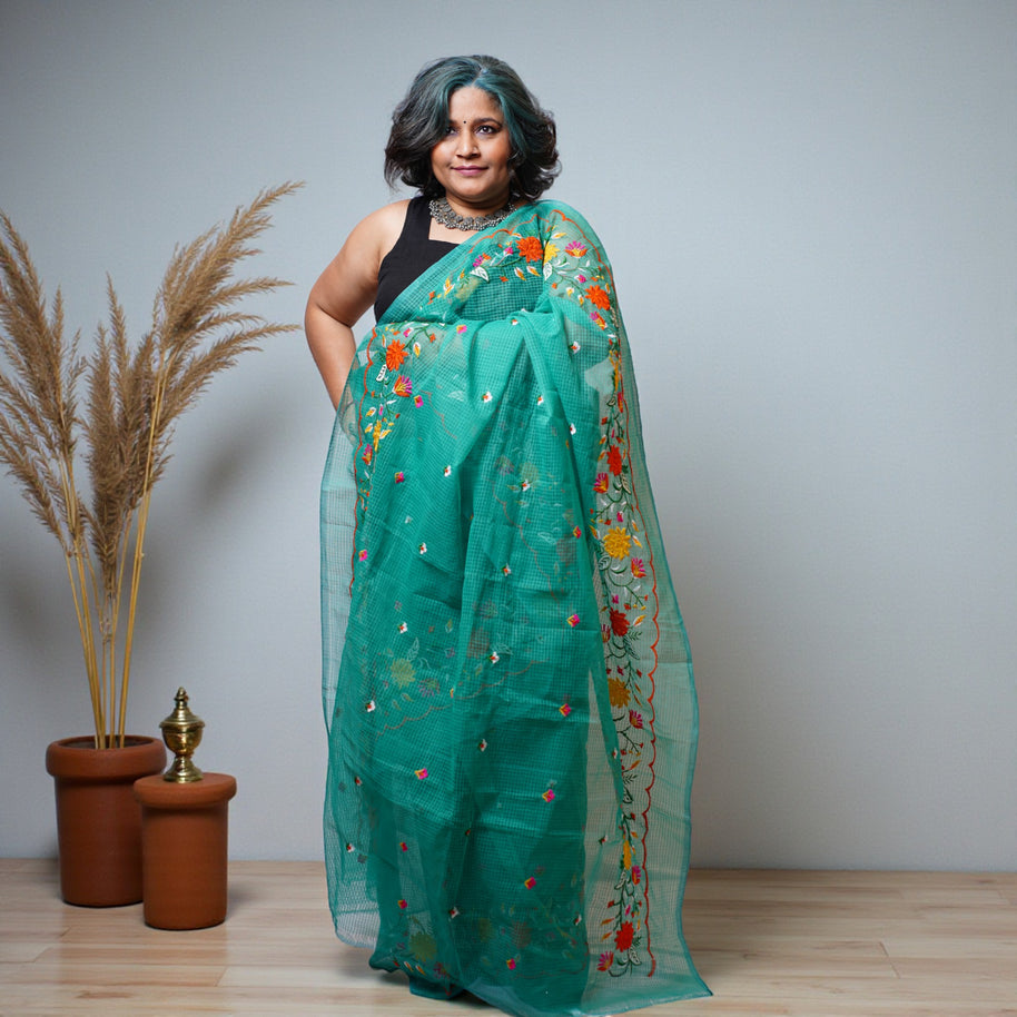Green Pink Embroidery Kota Cotton Saree