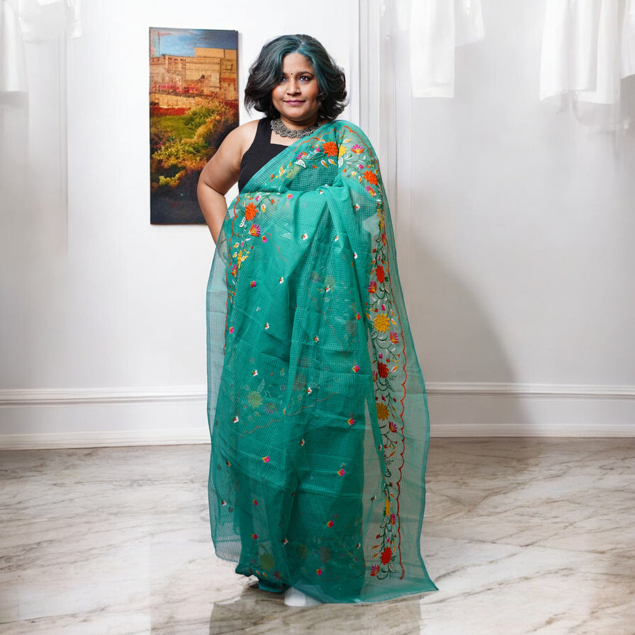 Green Embroidery Kota Cotton Saree