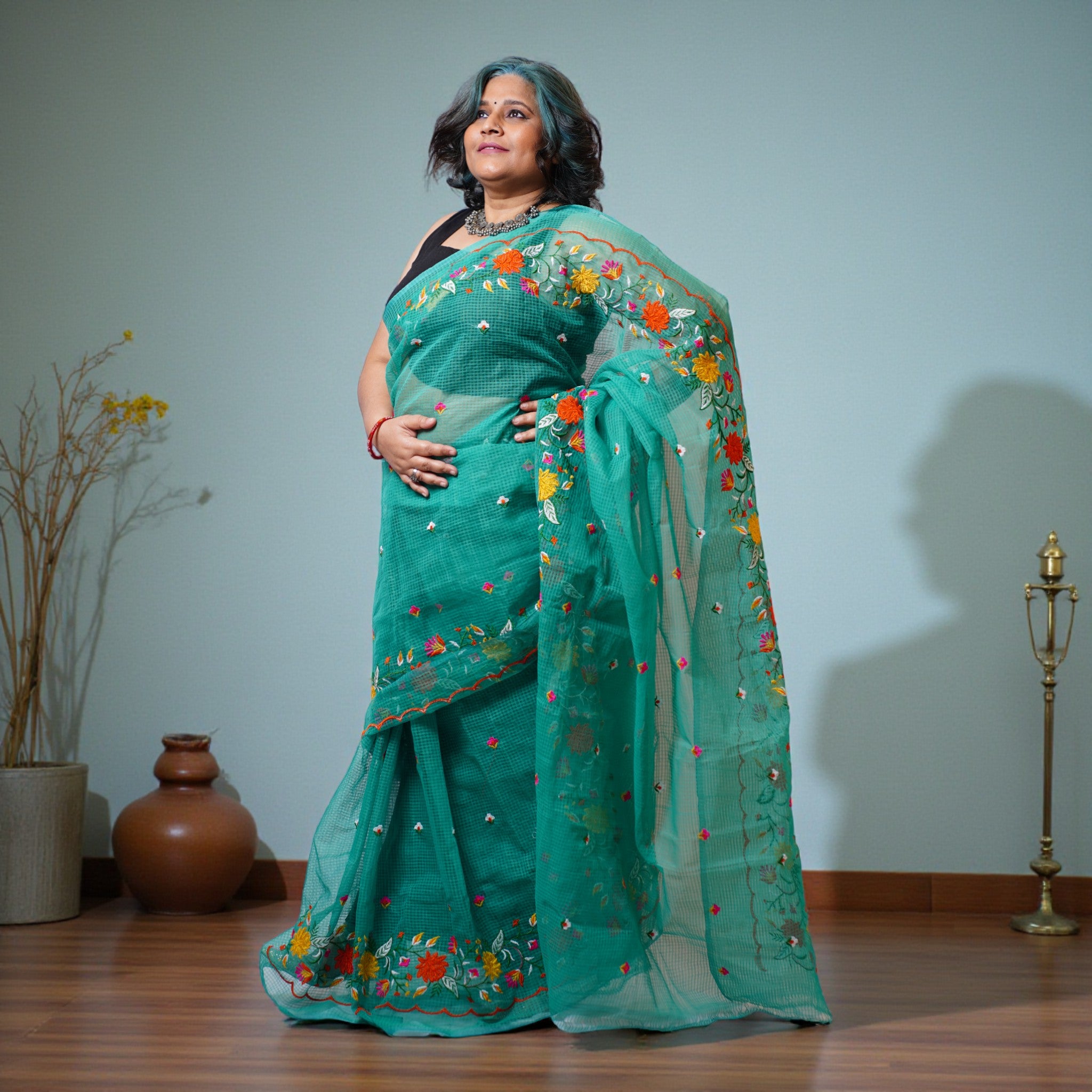 Green Pink Embroidery Kota Cotton Saree