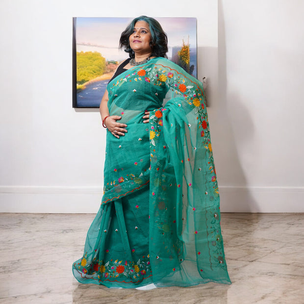 Green Embroidery Kota Cotton Saree