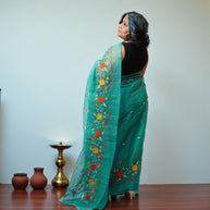 Green Pink Embroidery Kota Cotton Saree