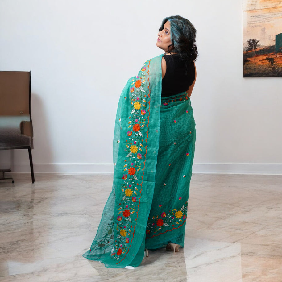 Green Embroidery Kota Cotton Saree