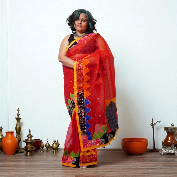 Red Applique Kota Cotton Saree
