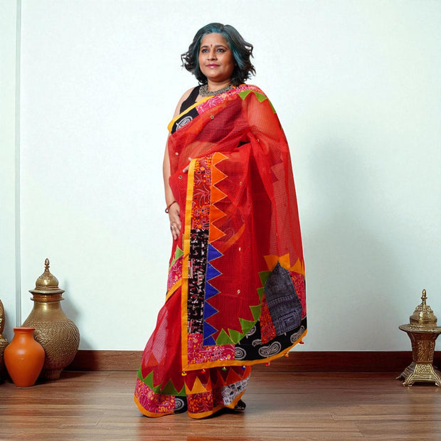 Red Applique Kota Cotton Saree