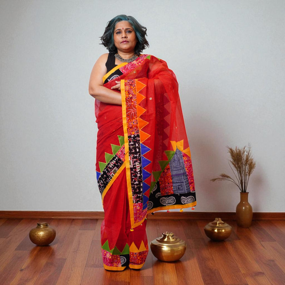 Red Applique Kota Cotton Saree