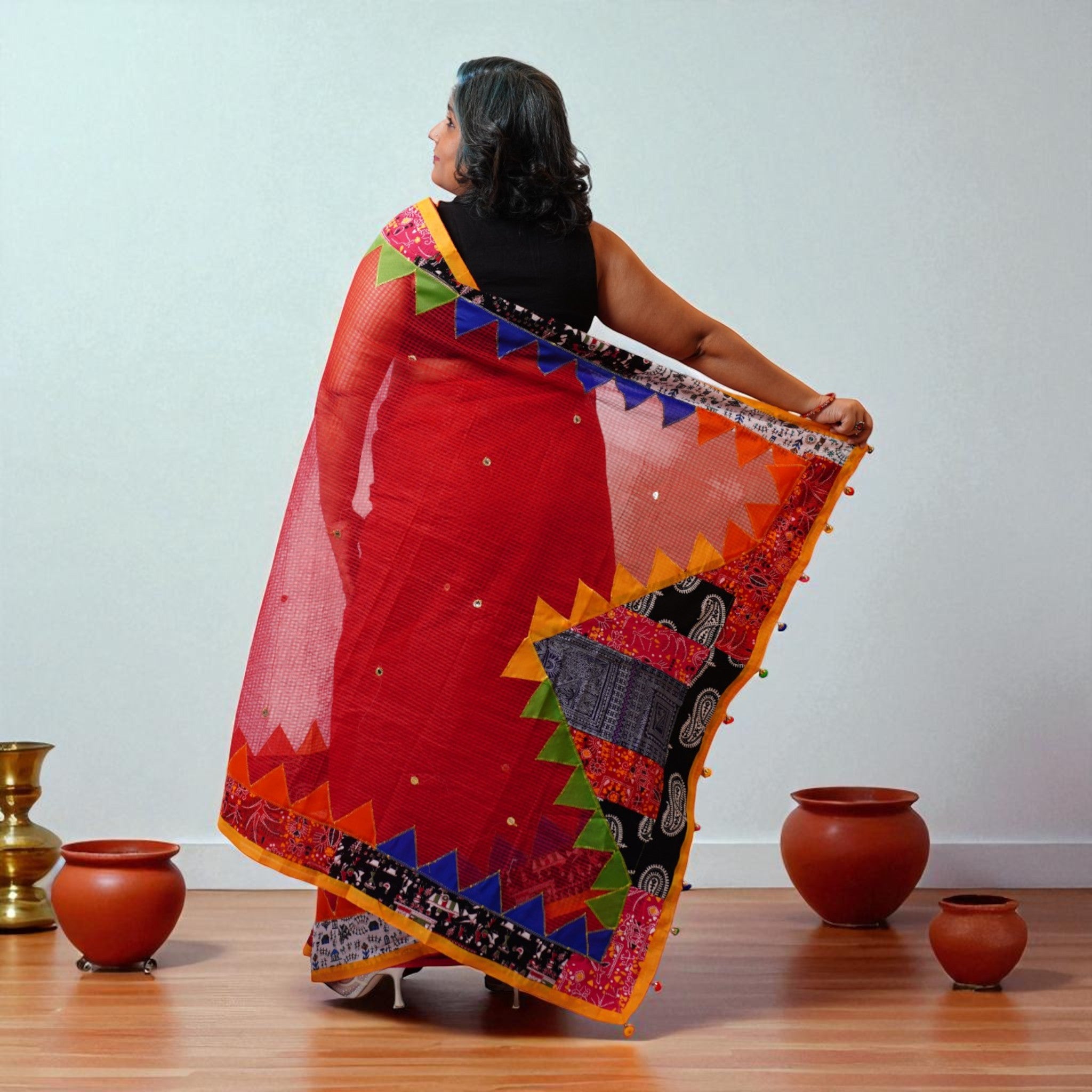 Red Applique Kota Cotton Saree