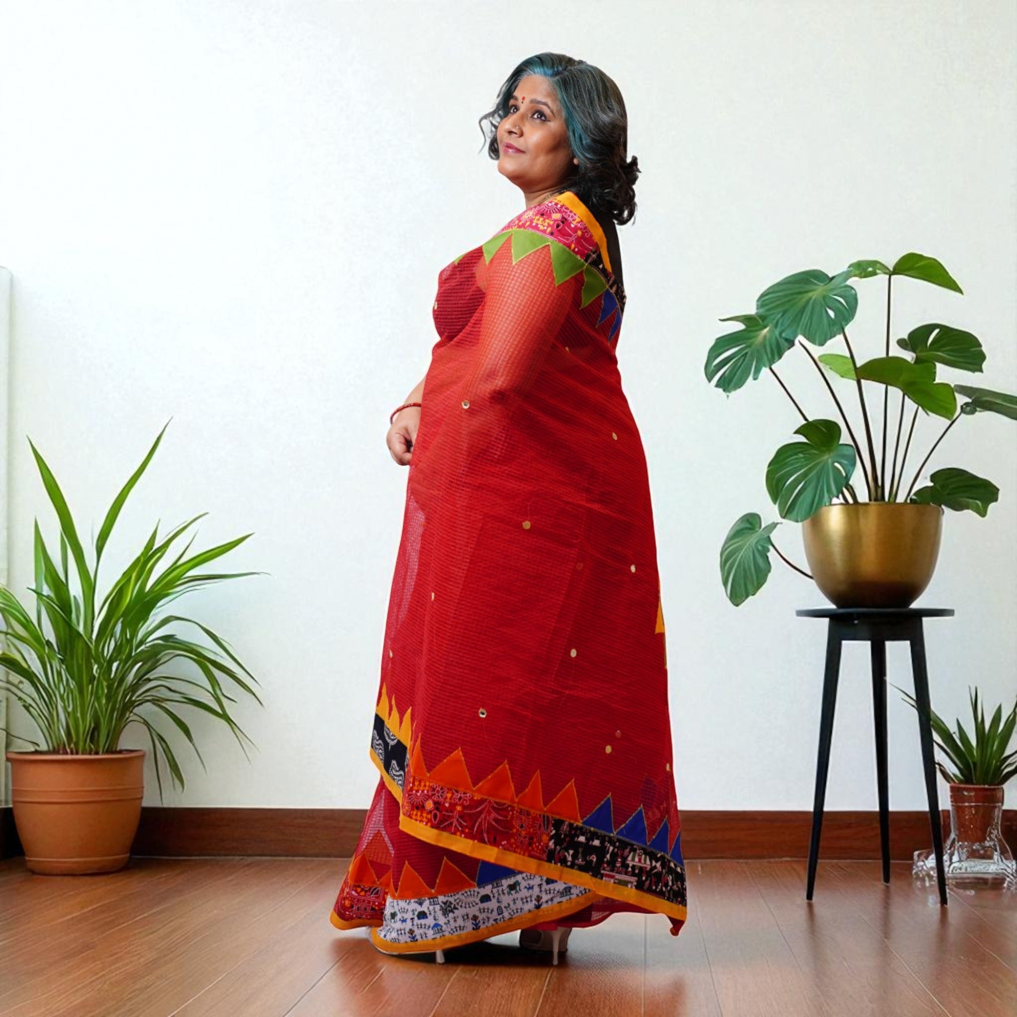 Red Applique Kota Cotton Saree