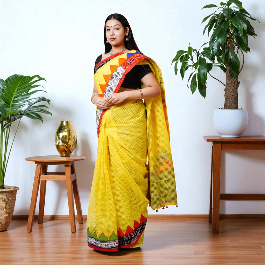 Yellow Applique Kota Cotton Saree
