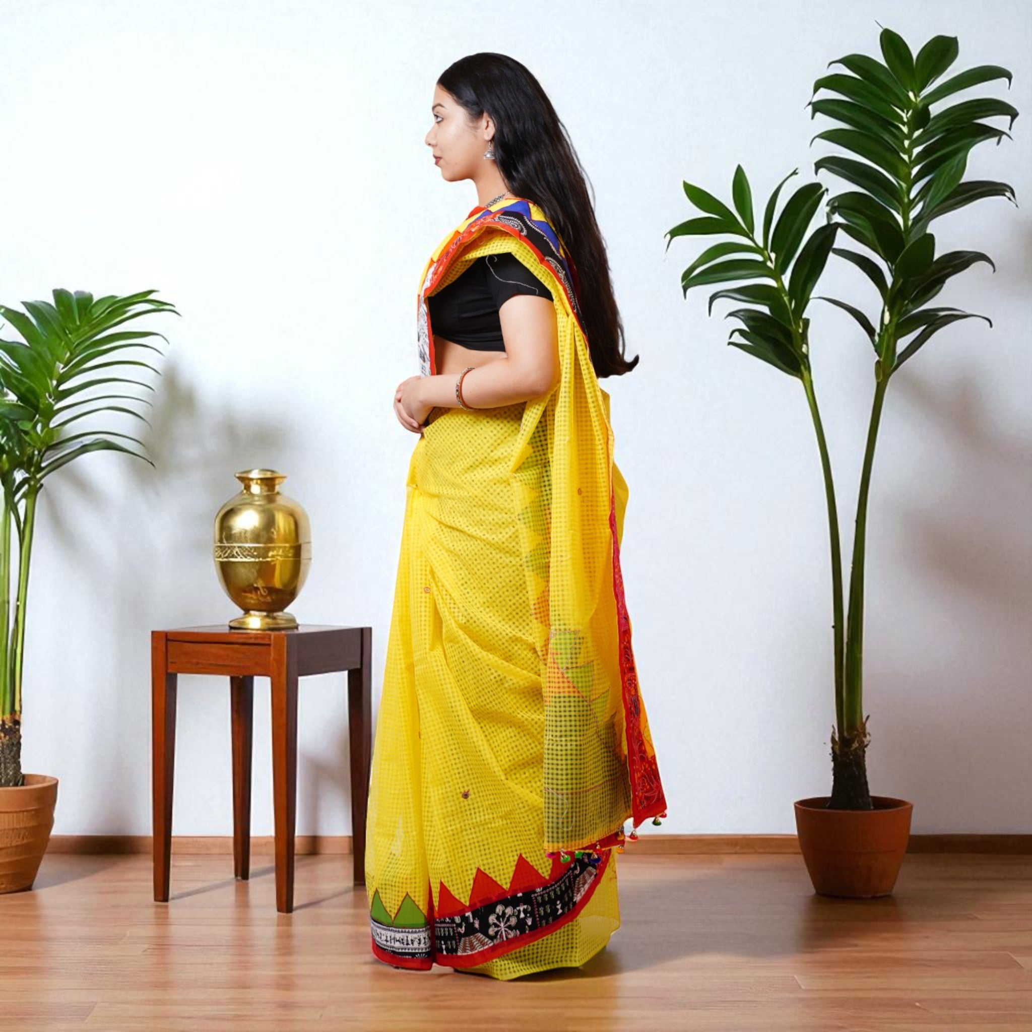 Yellow Applique Kota Cotton Saree