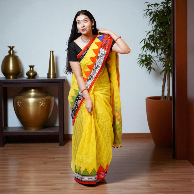 Yellow Applique Kota Cotton Saree