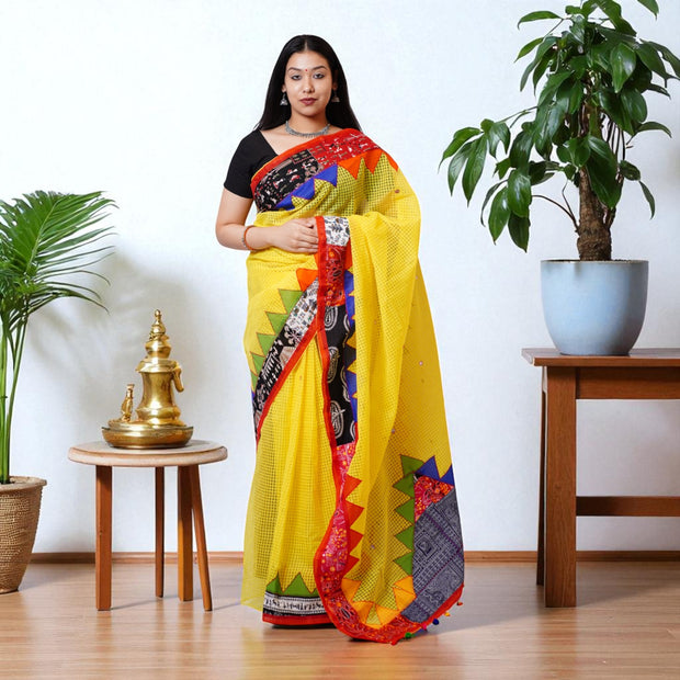 Yellow Applique Kota Cotton Saree