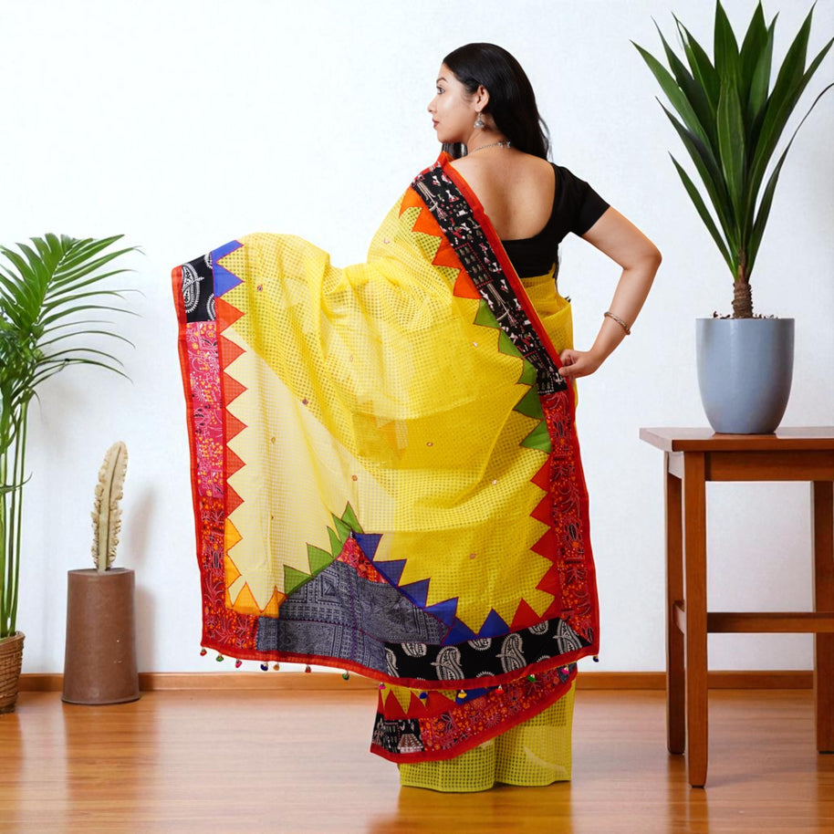 Yellow Applique Kota Cotton Saree