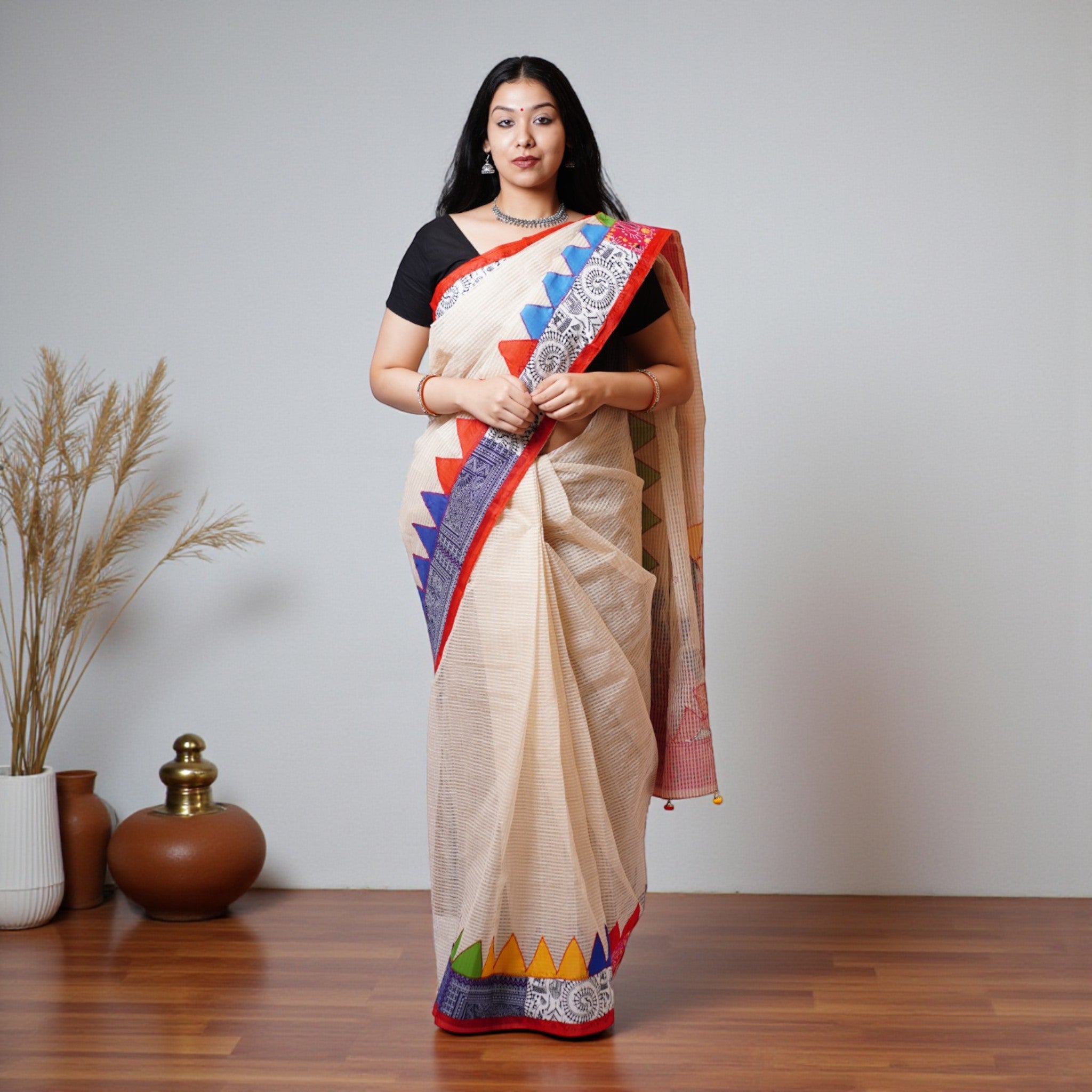 White Applique Kota Cotton Saree