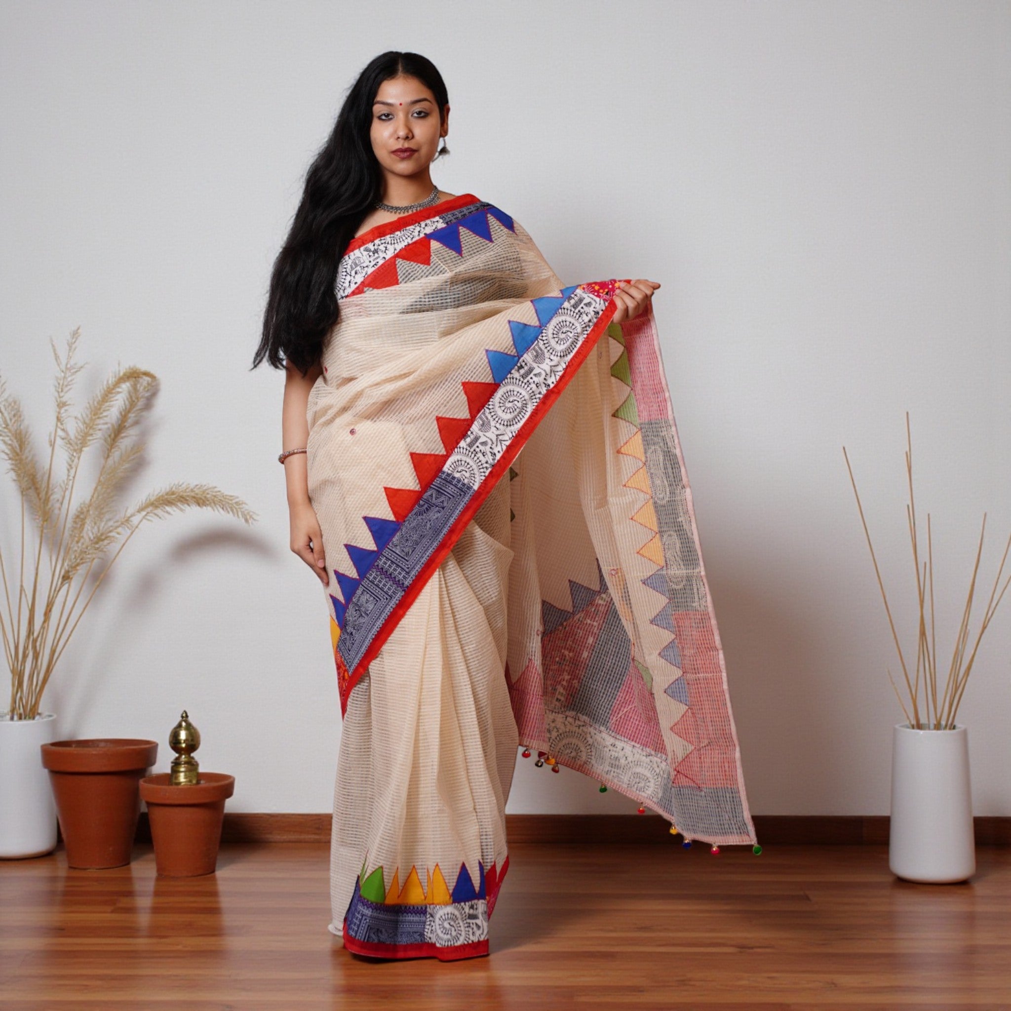 White Applique Kota Cotton Saree