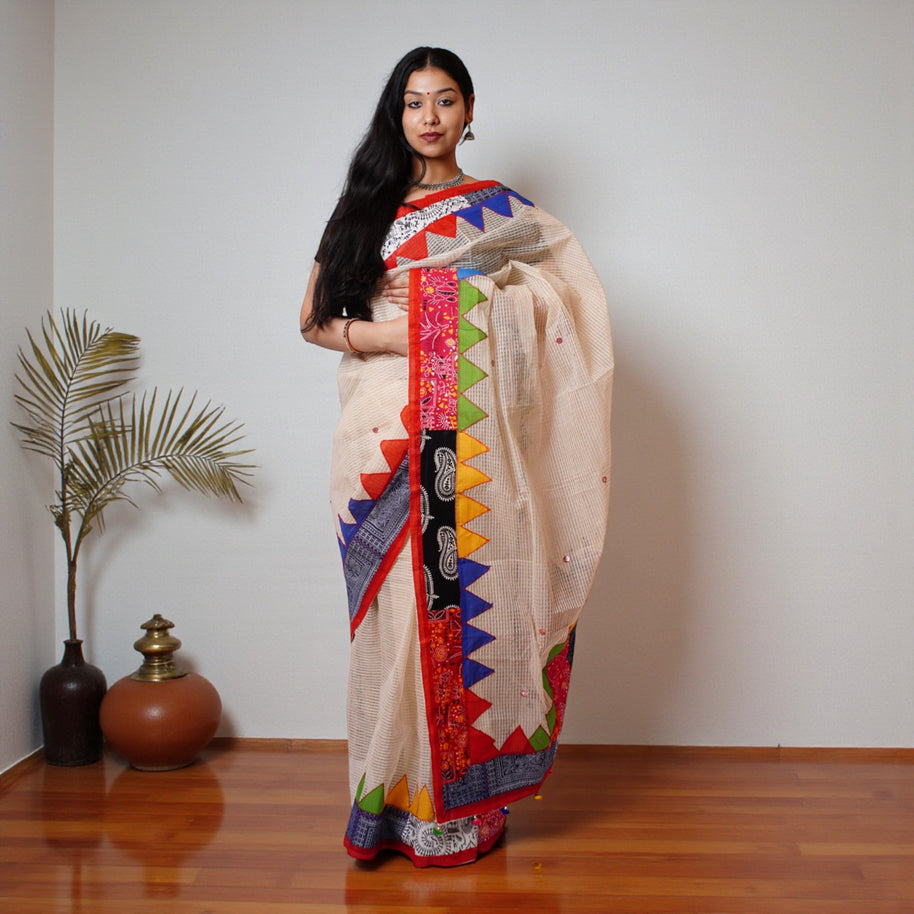 White Applique Kota Cotton Saree