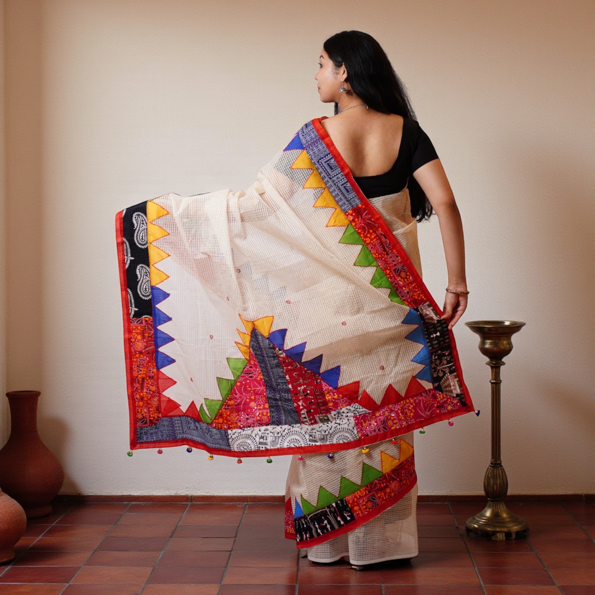 White Applique Kota Cotton Saree