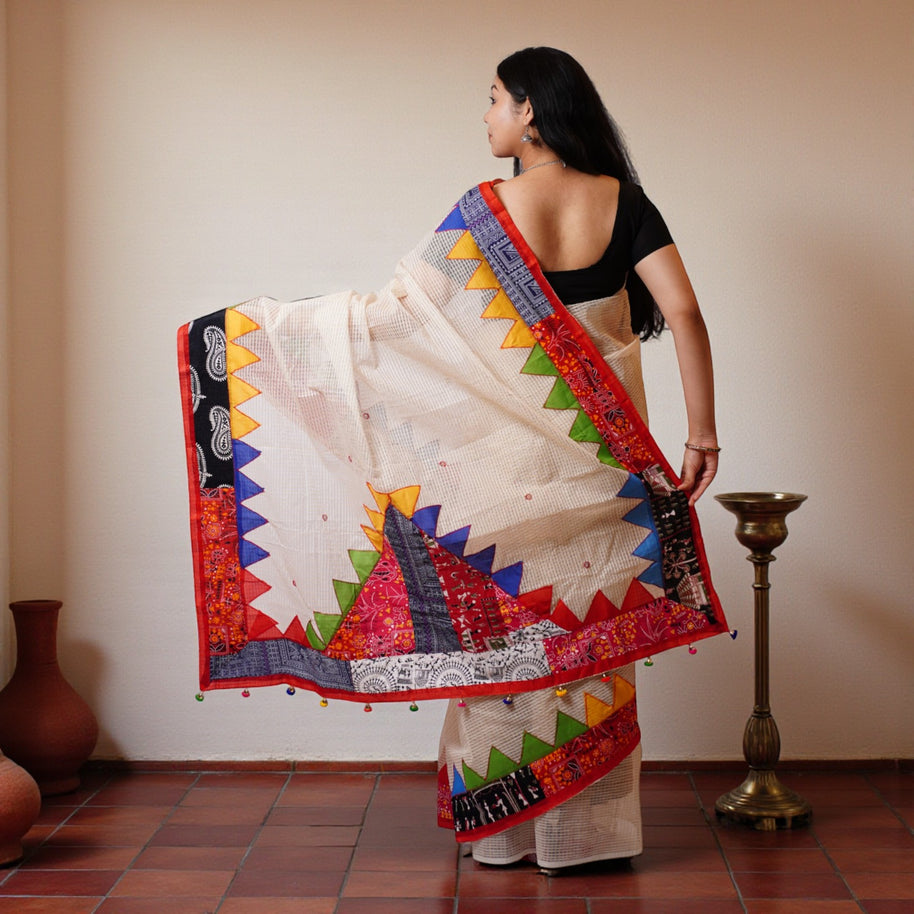 White Applique Kota Cotton Saree