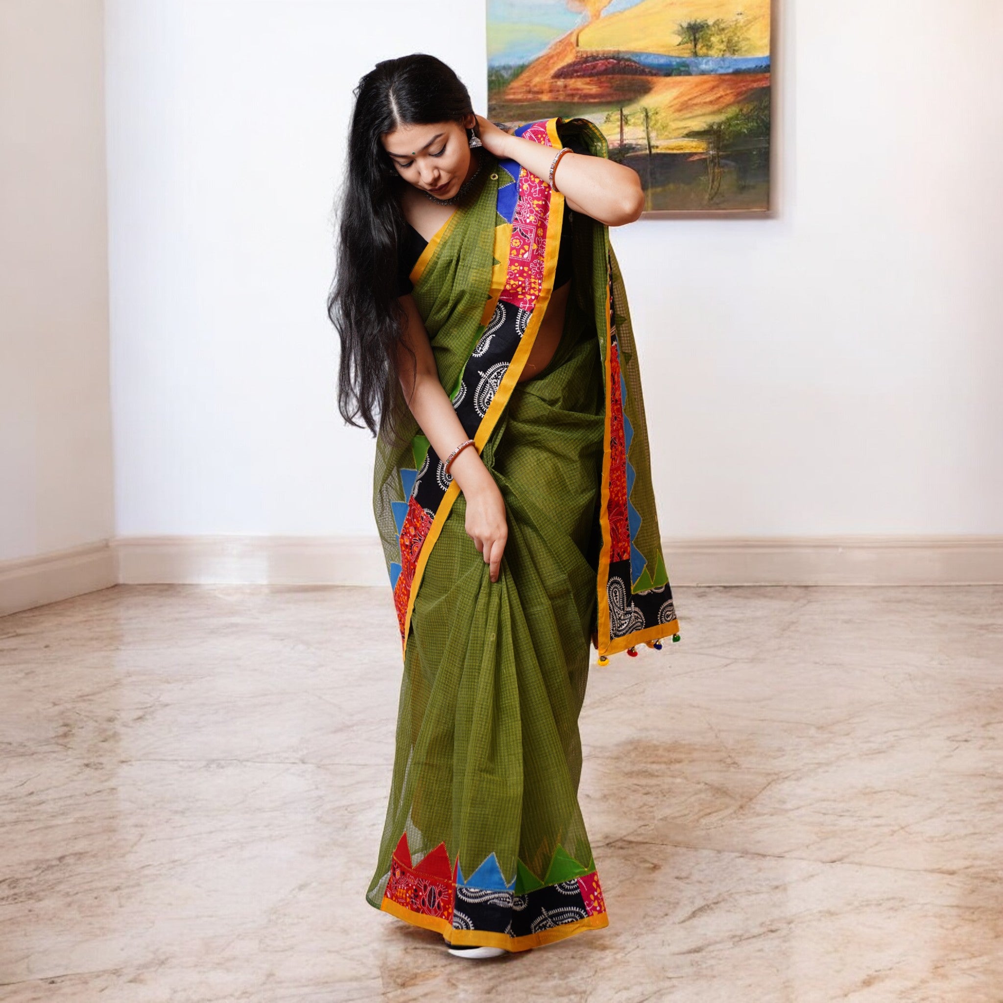 Green Applique Kota Cotton Saree