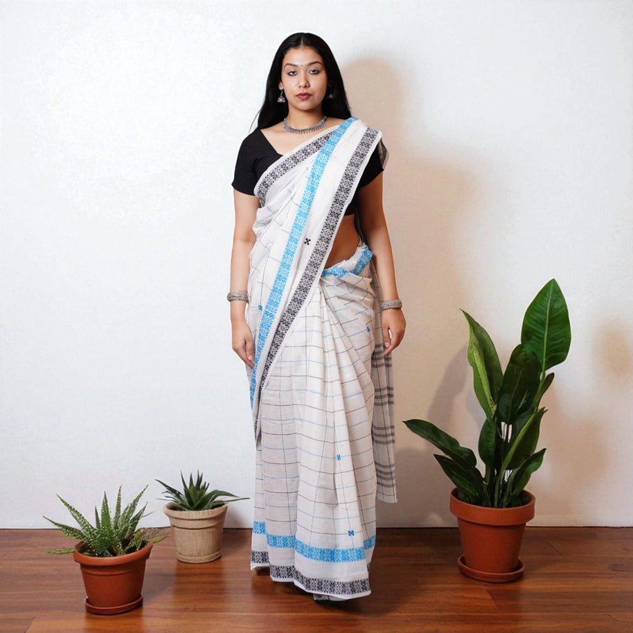 White Check Handwoven Cotton Saree