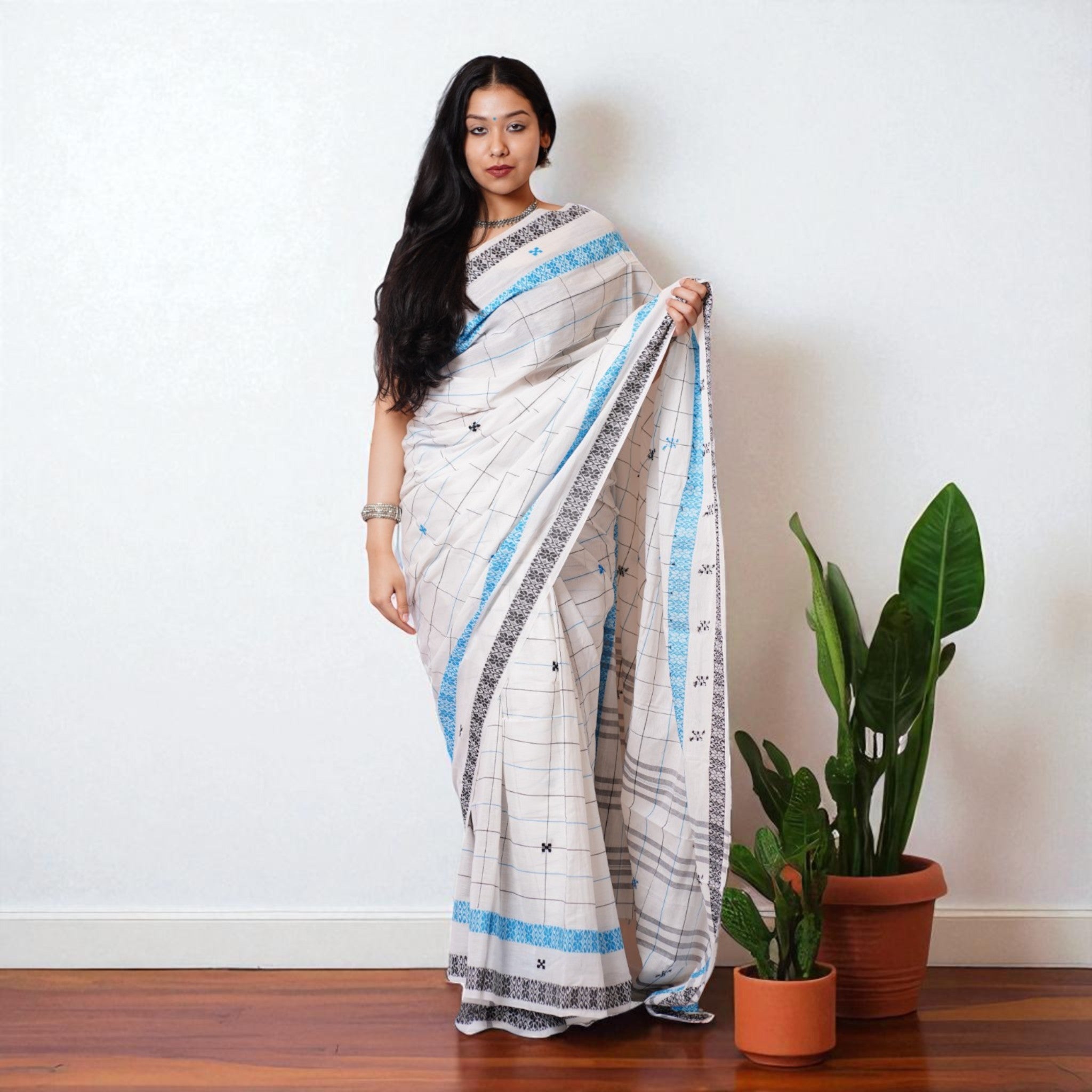 White Check Handwoven Cotton Saree