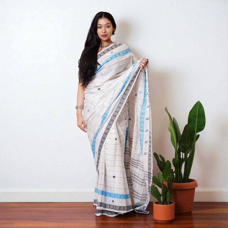 White Check Handwoven Cotton Saree