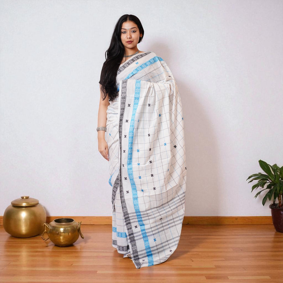 White Check Handwoven Cotton Saree