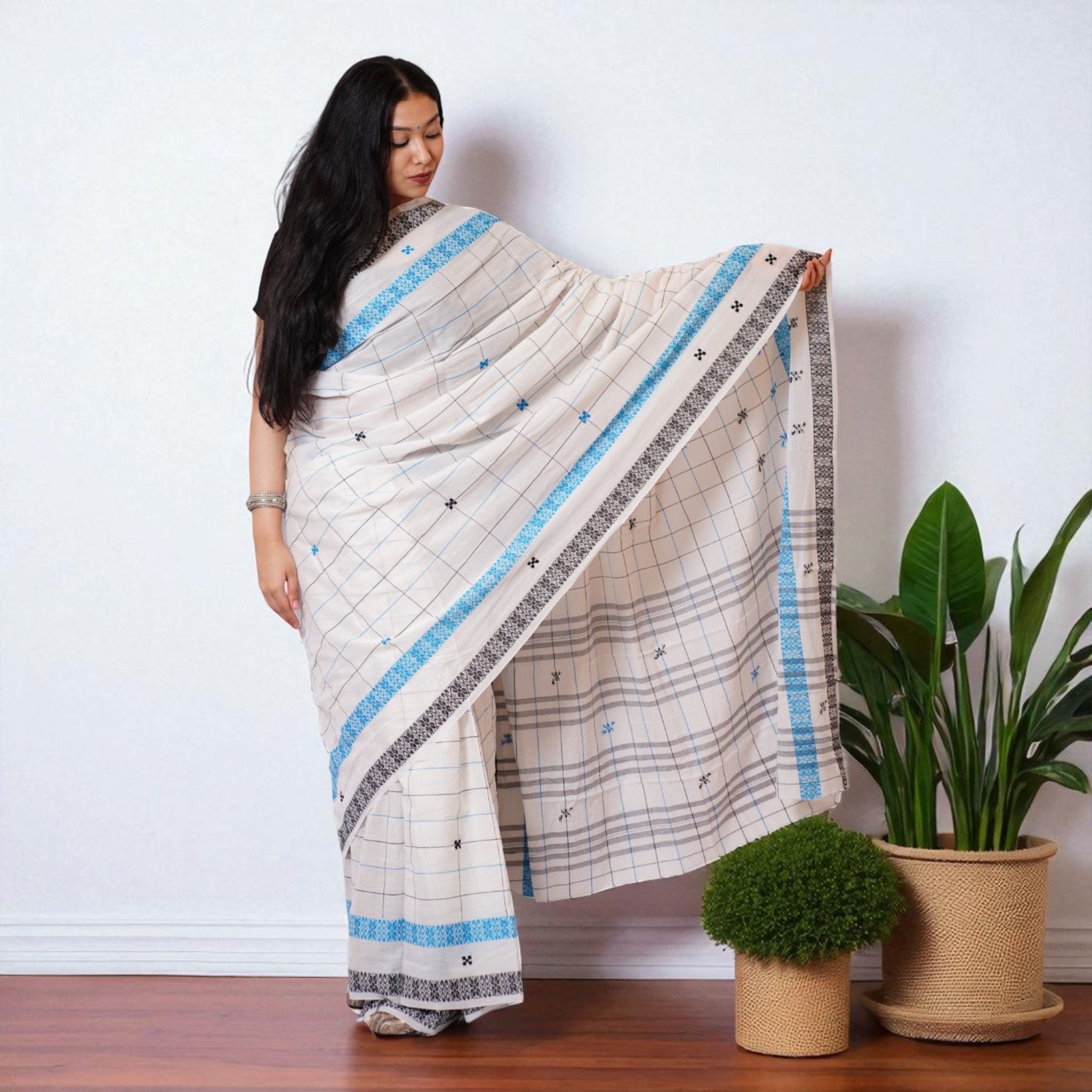 White Check Handwoven Cotton Saree