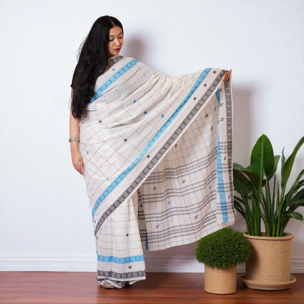 White Check Handwoven Cotton Saree
