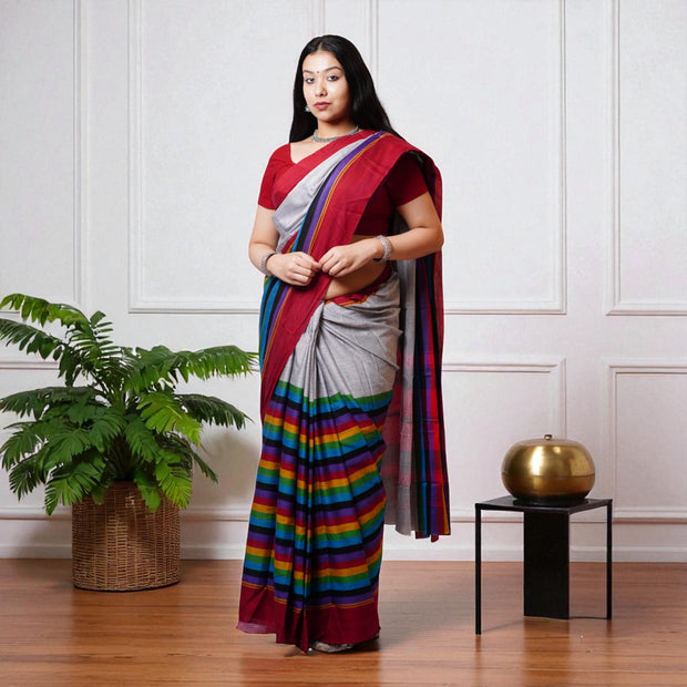 Grey Multi Stripe Handwoven Cotton Saree