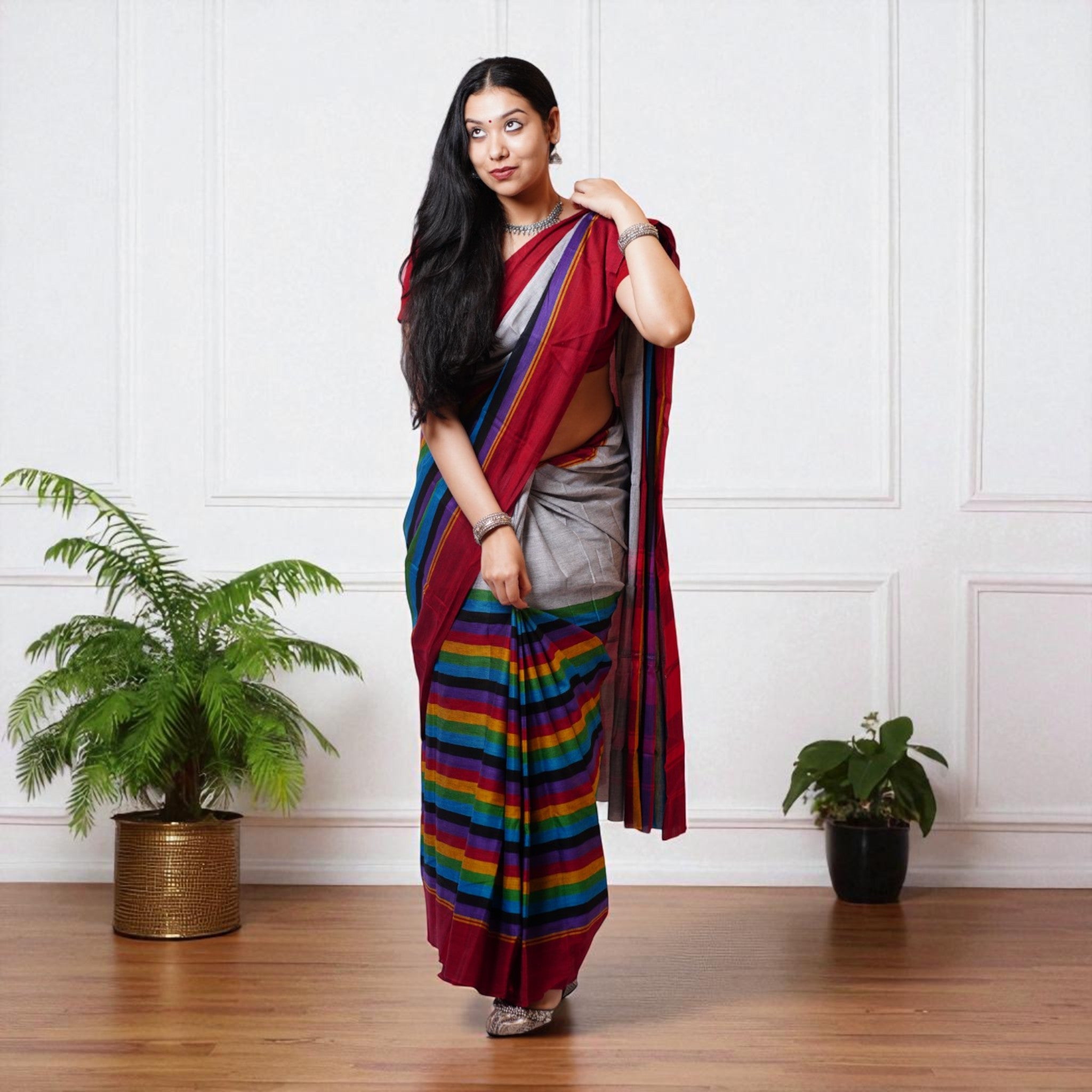 Grey Multi Stripe Handwoven Cotton Saree