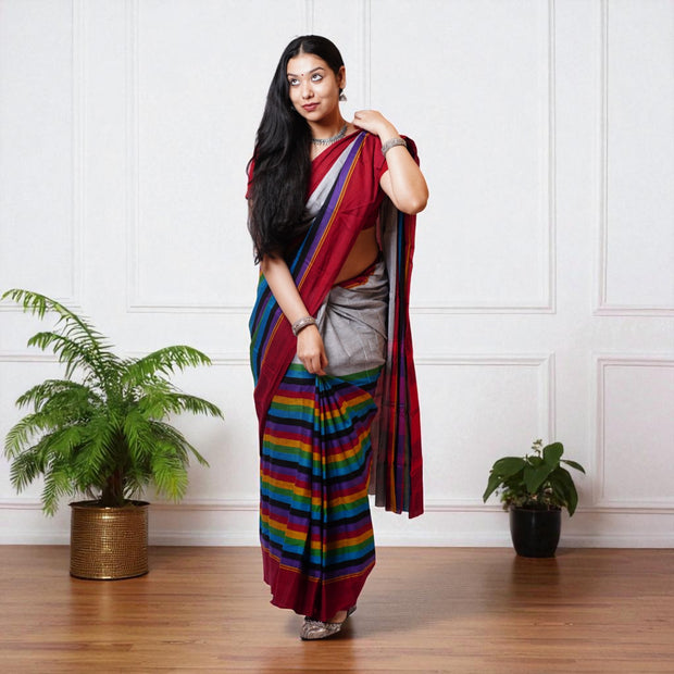 Grey Multi Stripe Handwoven Cotton Saree