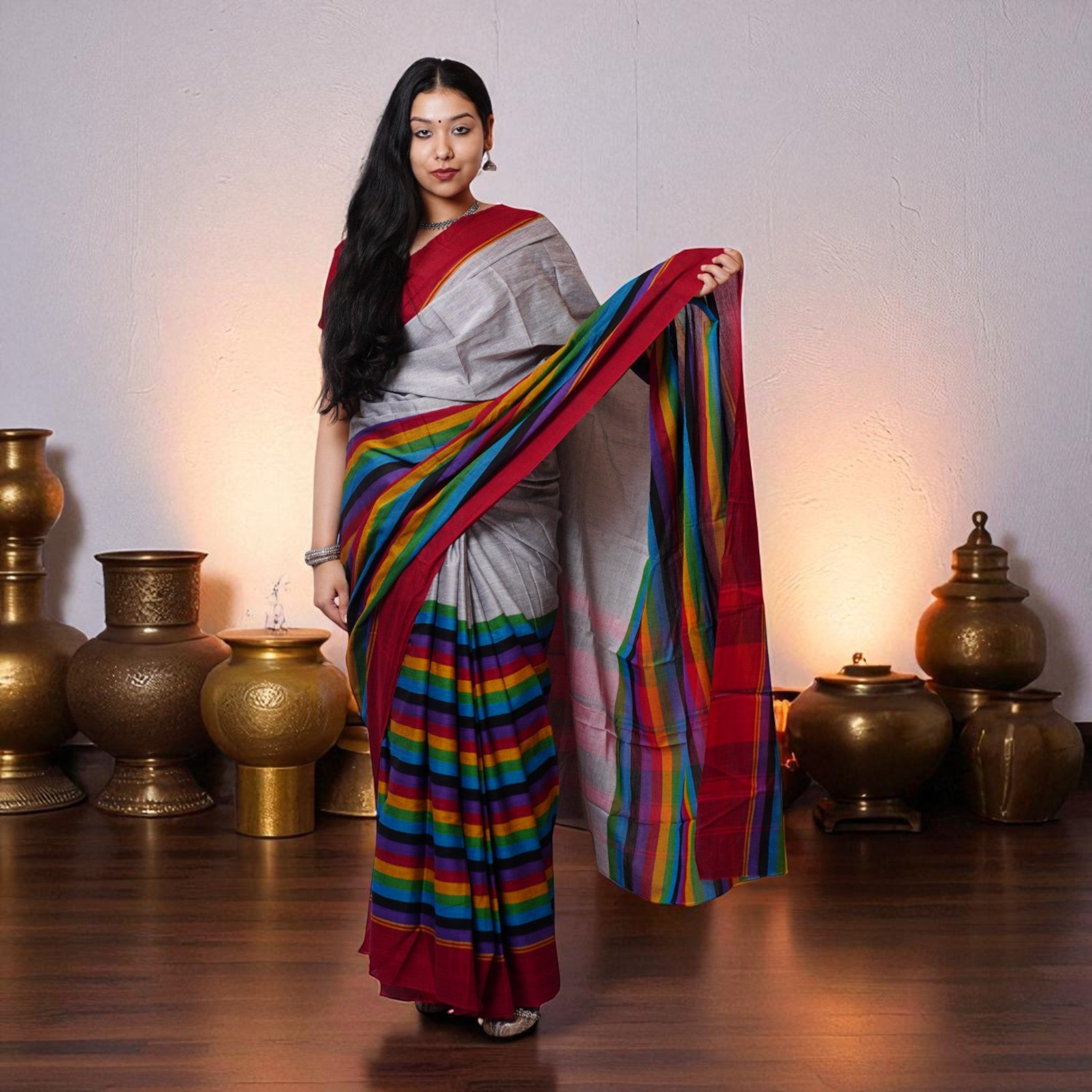 Grey Multi Stripe Handwoven Cotton Saree
