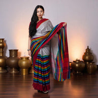 Grey Multi Stripe Handwoven Cotton Saree
