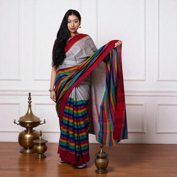 Grey Multi Stripe Handwoven Cotton Saree