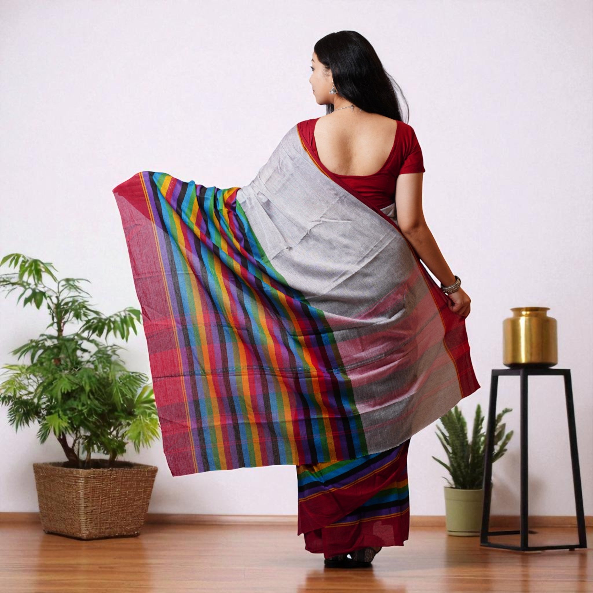 Grey Multi Stripe Handwoven Cotton Saree