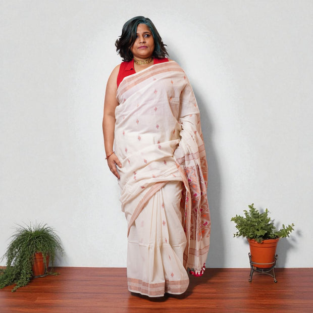 White Pink Zig Zag Cotton Saree
