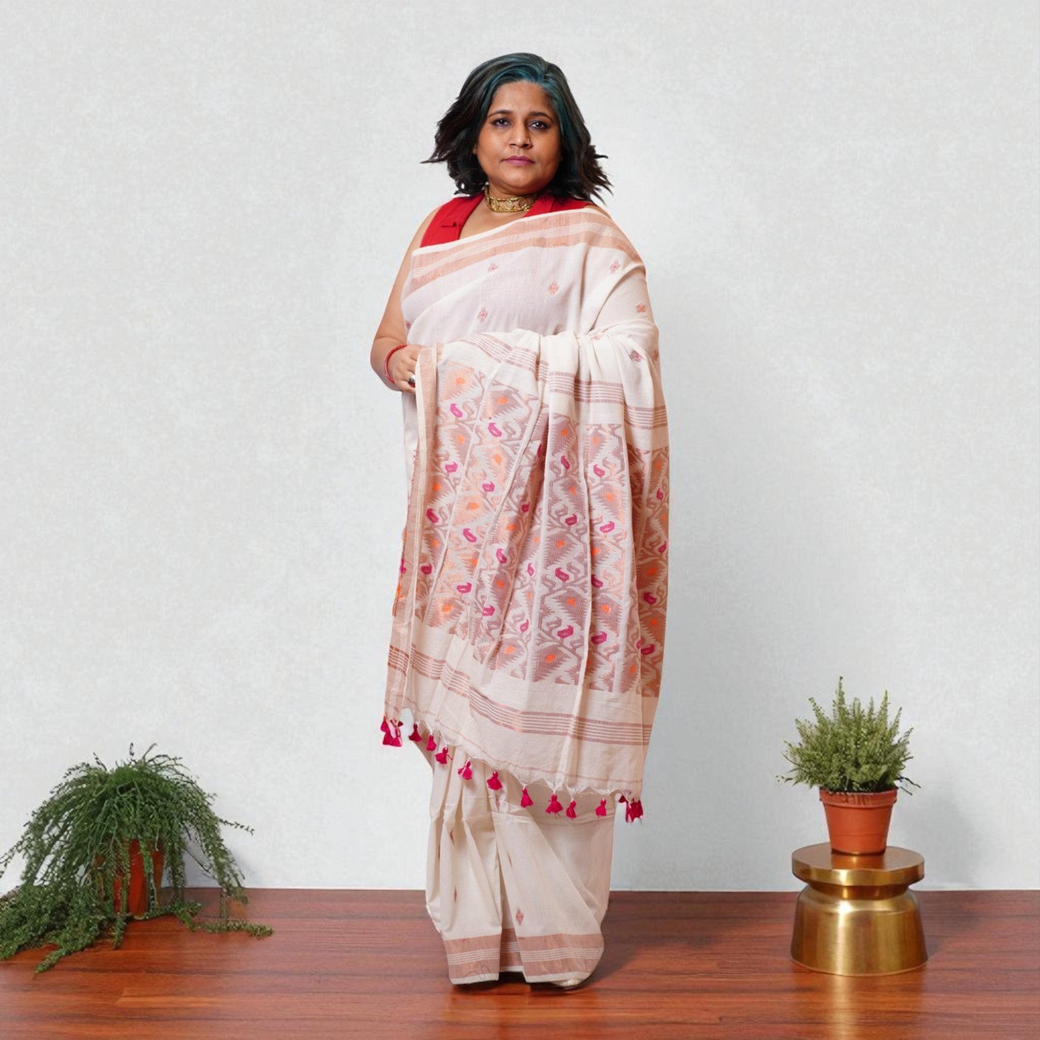 White Pink Zig Zag Cotton Saree