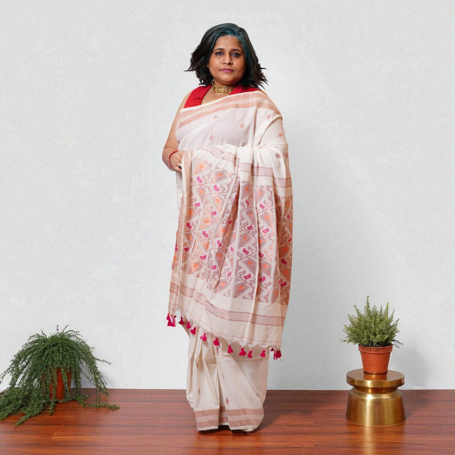 White Pink Zig Zag Cotton Saree