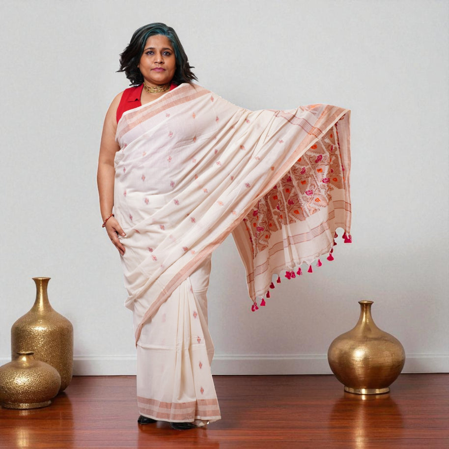 White Pink Zig Zag Cotton Saree