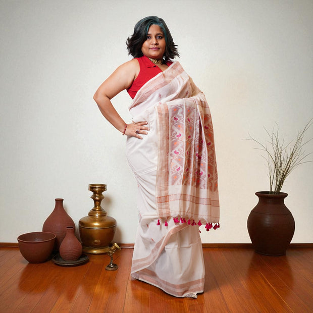 White Pink Zig Zag Cotton Saree