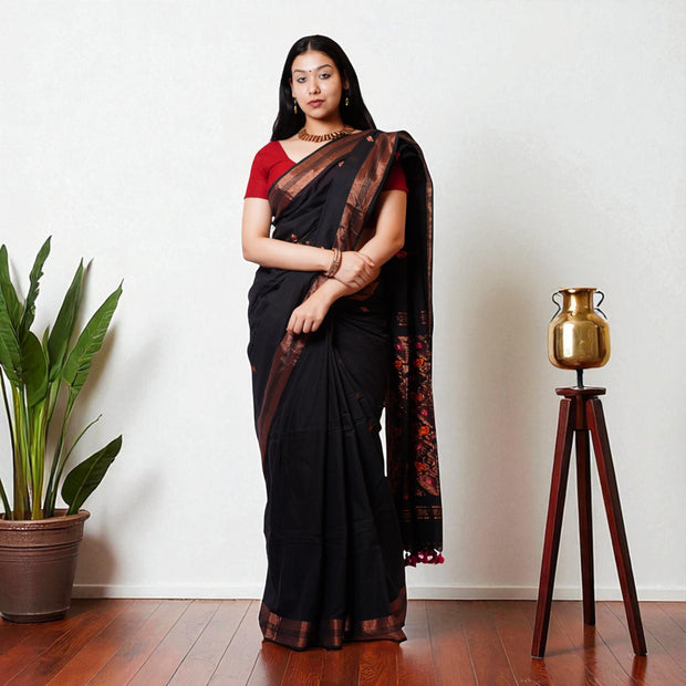 Black Orange Zig Zag Cotton Saree
