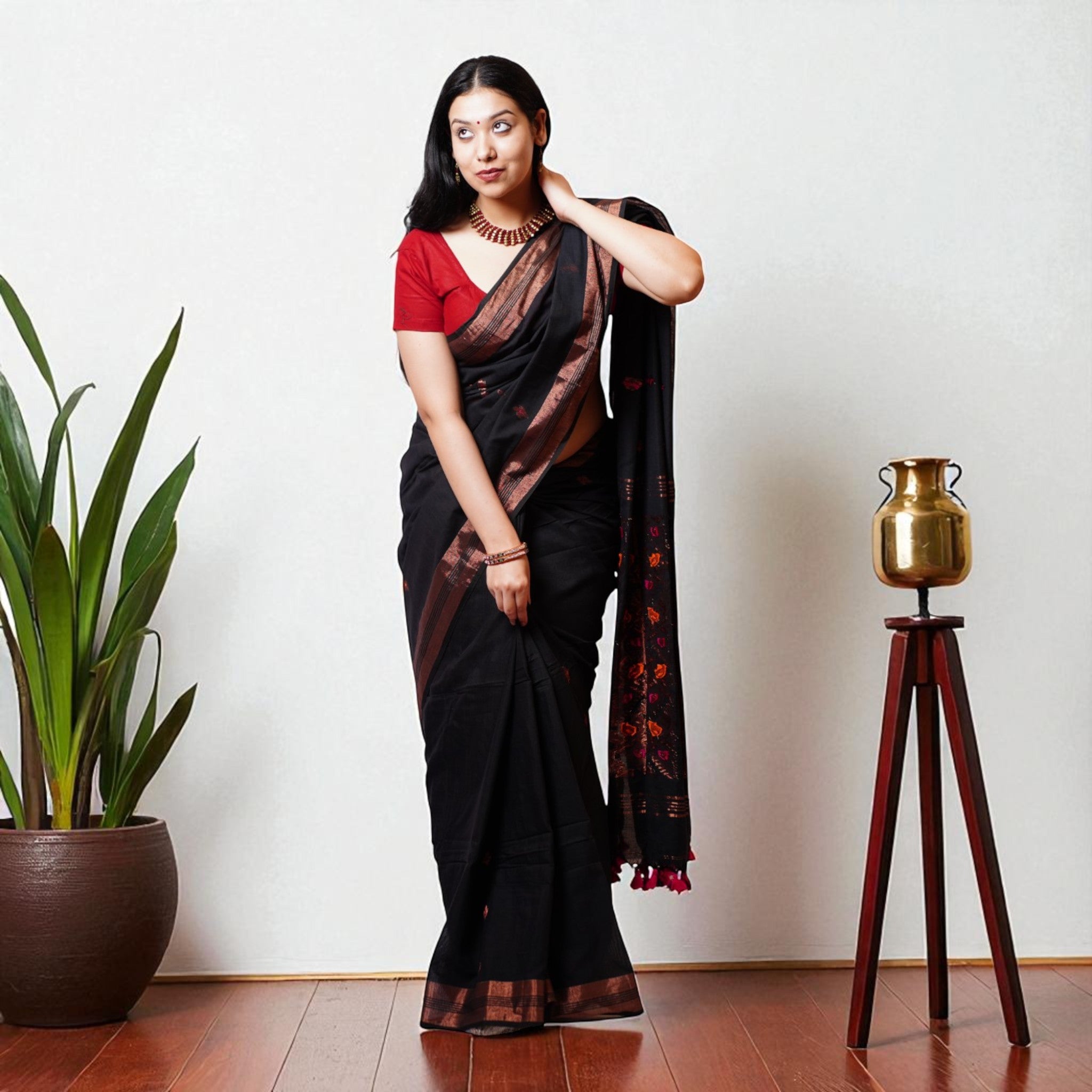 Black Orange Zig Zag Cotton Saree