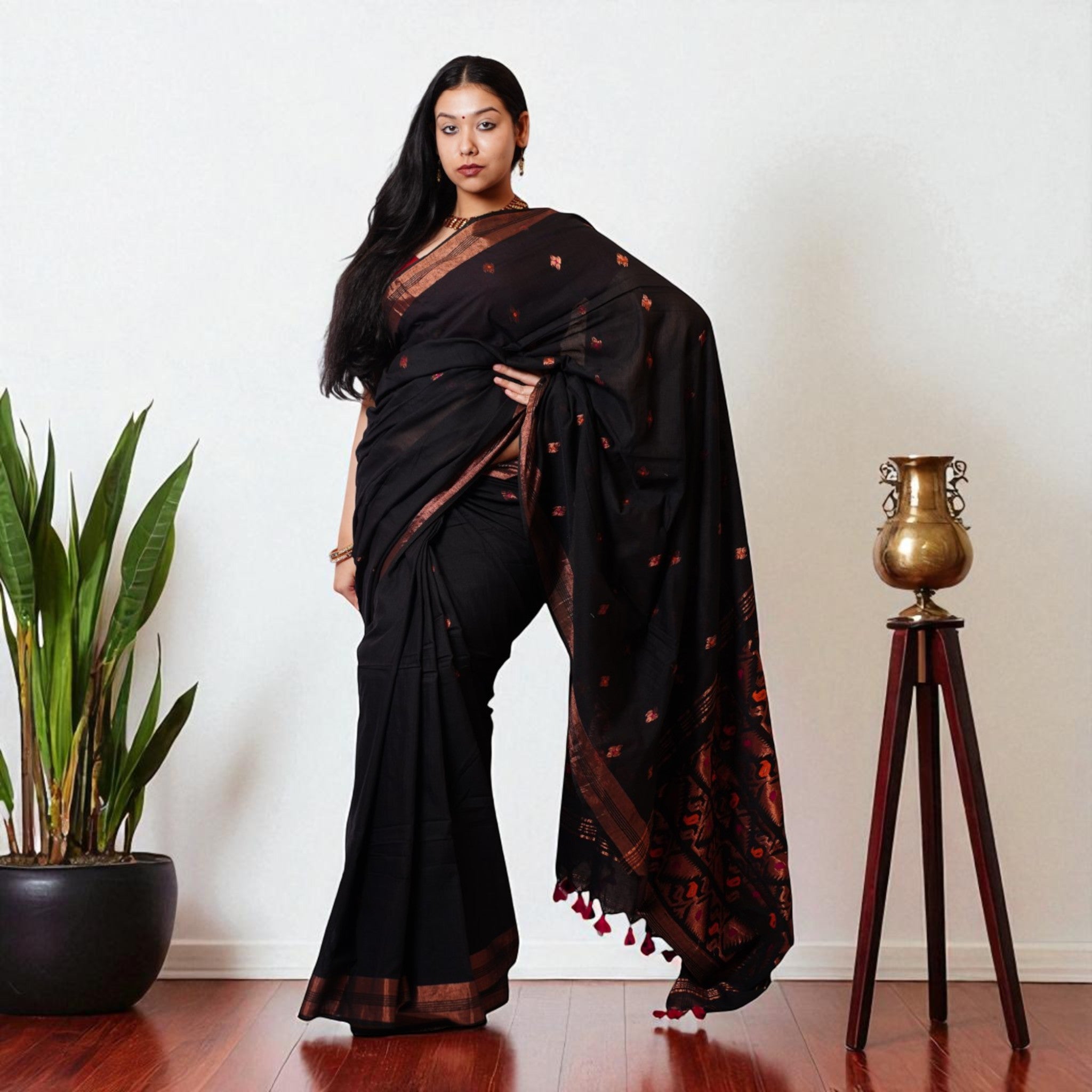 Black Orange Zig Zag Cotton Saree
