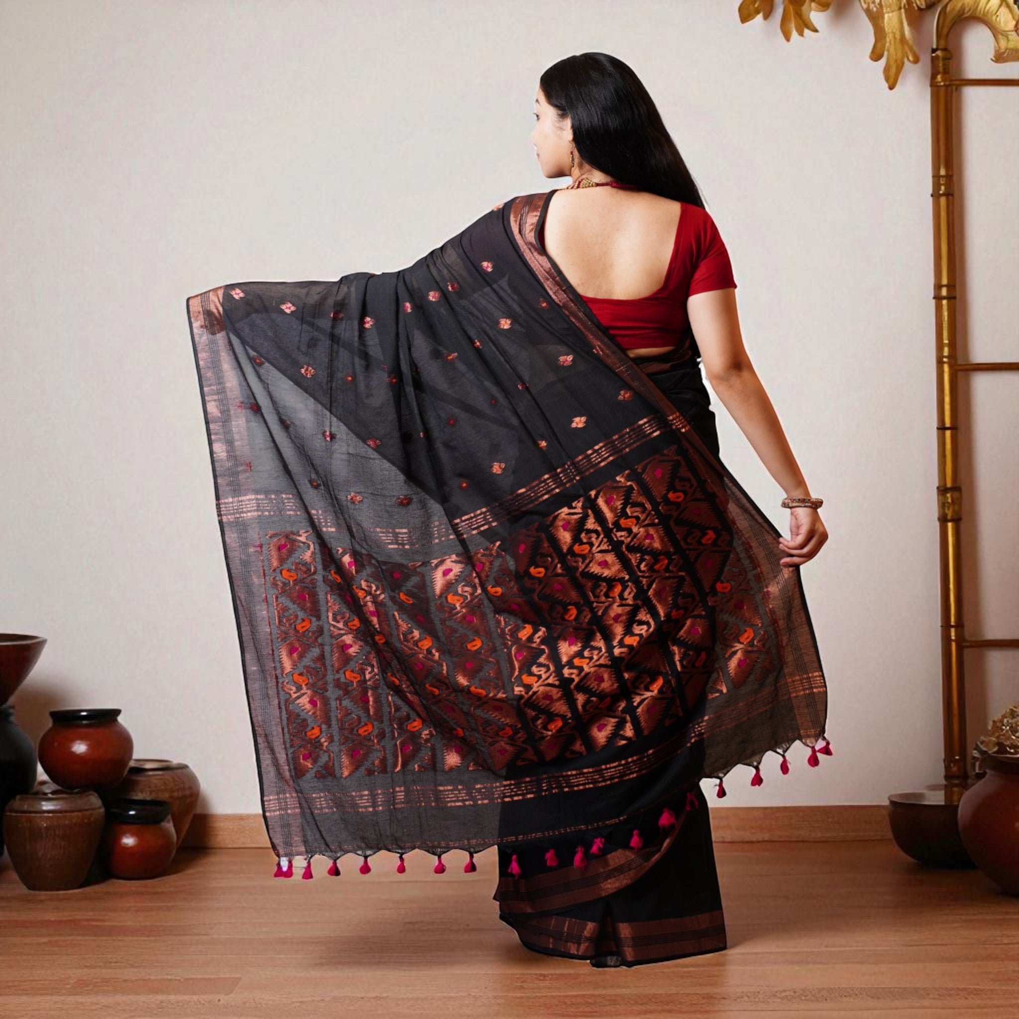 Black Orange Zig Zag Cotton Saree