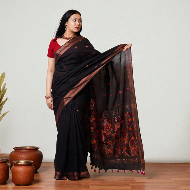 Black Orange Zig Zag Cotton Saree